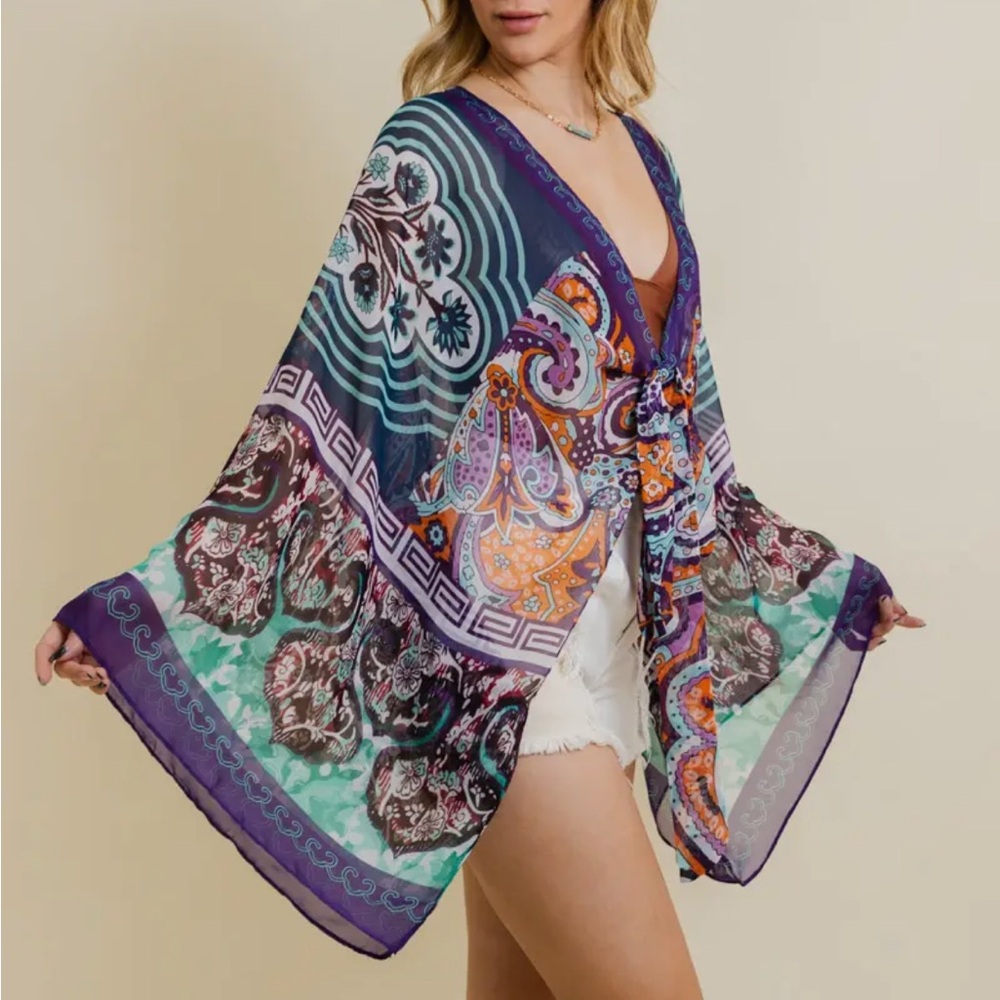 New Boho Blue One Size Spring Women's Multicolor Paisley Kimono Cover-Up Top